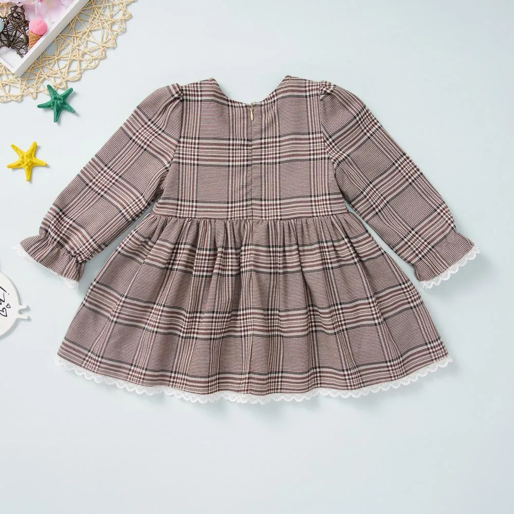 Girls Long Sleeve Plaid Lace Dress Little Girl Party Dresses Wholesale