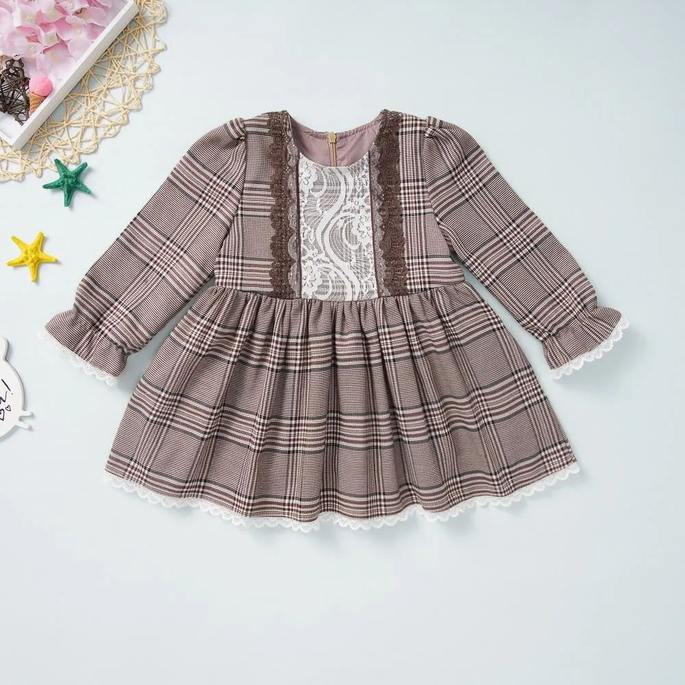 Girls Long Sleeve Plaid Lace Dress Little Girl Party Dresses Wholesale