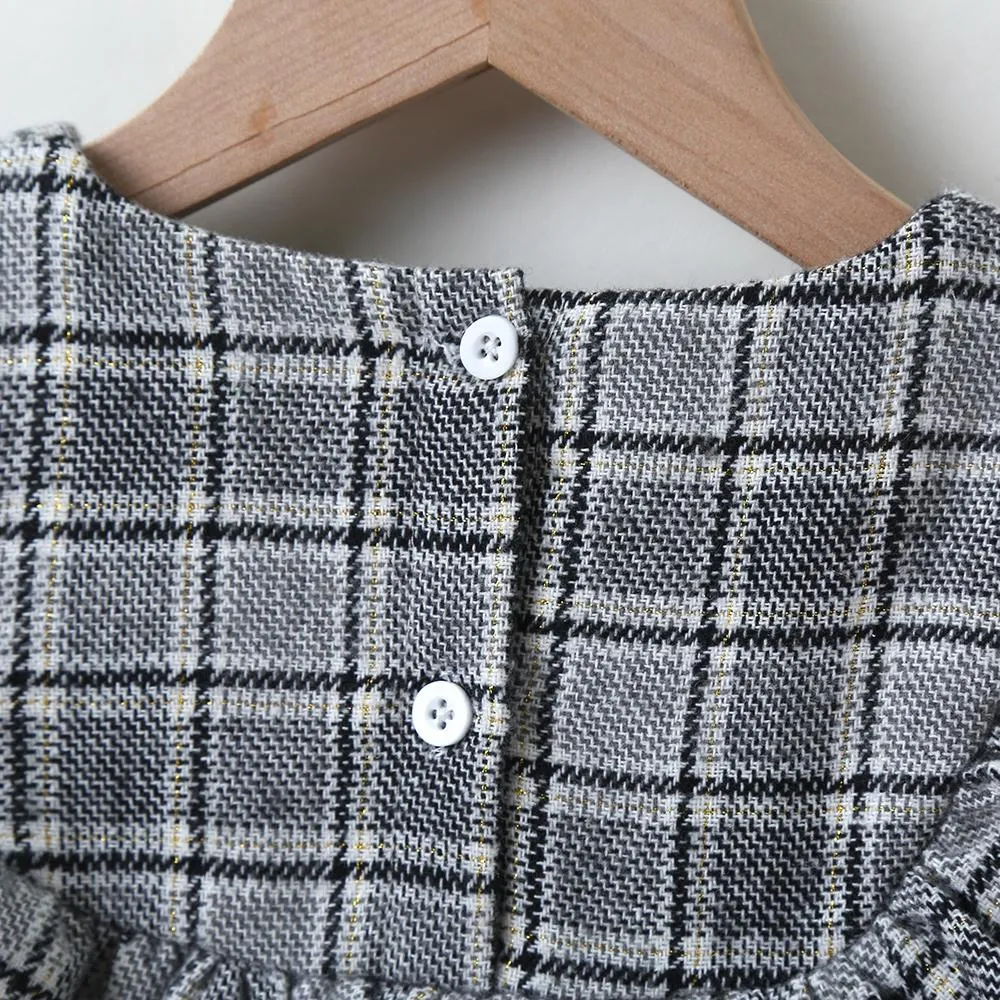 Girls Plaid Long Sleeve Ruffled Collar Bow Decor Dress Girls Wholesale Dresses