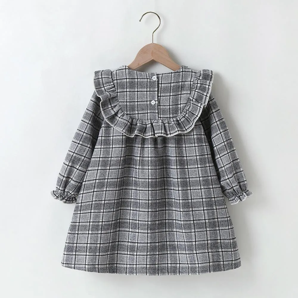 Girls Plaid Long Sleeve Ruffled Collar Bow Decor Dress Girls Wholesale Dresses