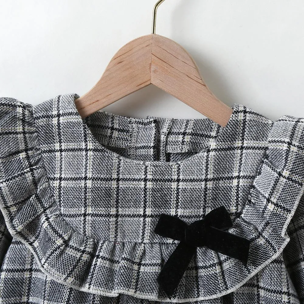 Girls Plaid Long Sleeve Ruffled Collar Bow Decor Dress Girls Wholesale Dresses