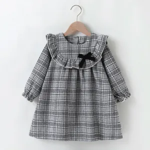 Girls Plaid Long Sleeve Ruffled Collar Bow Decor Dress Girls Wholesale Dresses