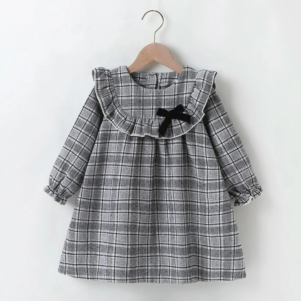 Girls Plaid Long Sleeve Ruffled Collar Bow Decor Dress Girls Wholesale Dresses