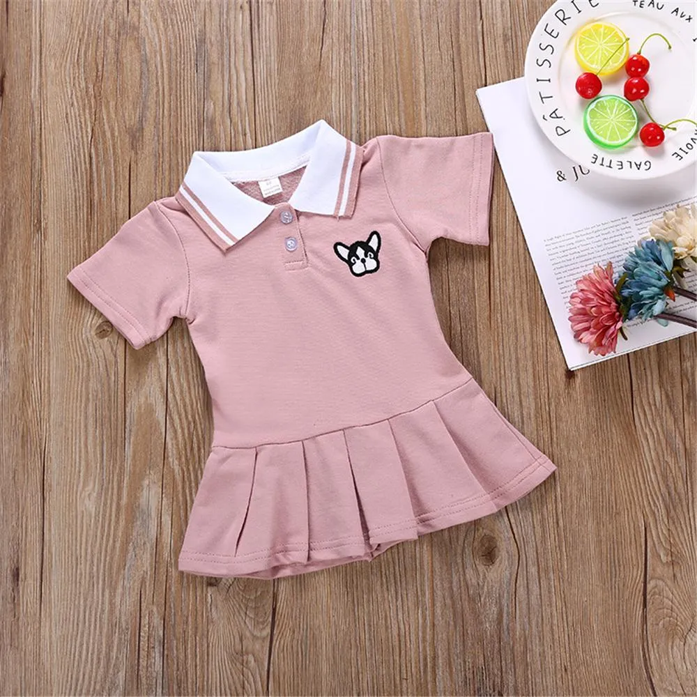 Girls Short Sleeve Lapel Cartoon Puppy Dress Wholesale Girl Dresses
