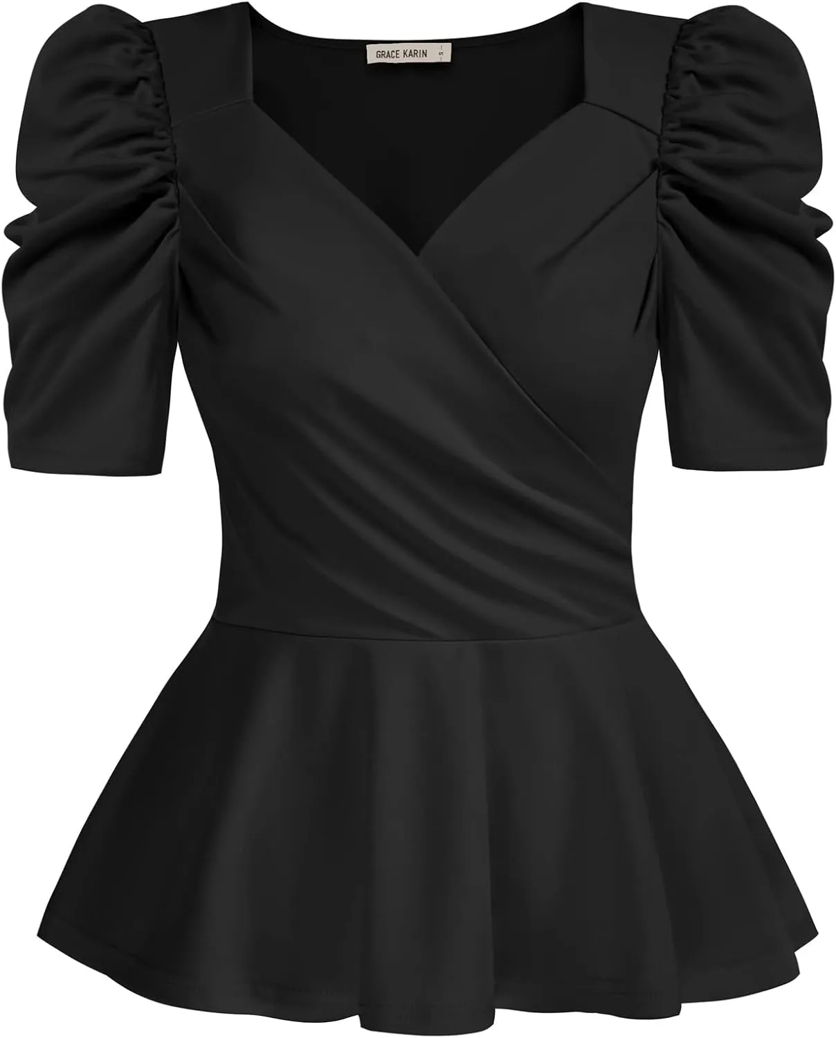 GRACE KARIN 2025 Womens Tops Elegant Peplum Top Wrap V Neck Puff Short Sleeve Summer Tops Blouse
