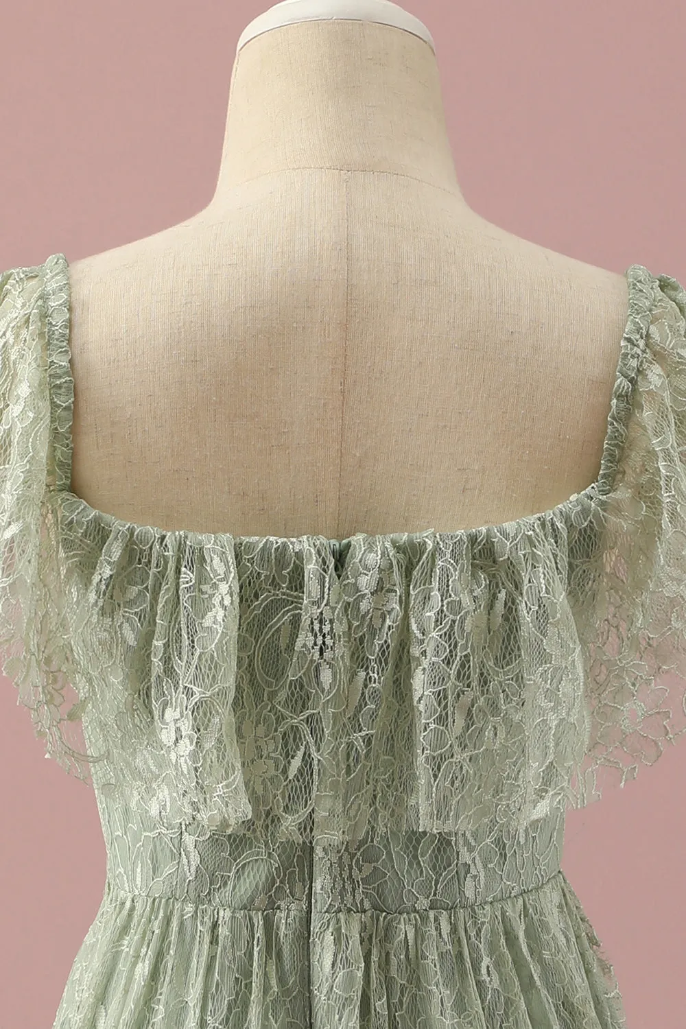 Green Lace Square Neck High Low Junior Bridesmaid Dress