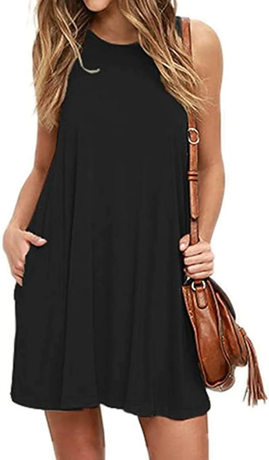 hlysgo Women's 2024 Summer Sleeveless Mini Dress Casual Beach Sundress Loose Comfy Flowy Short Tank Dresses with Pockets