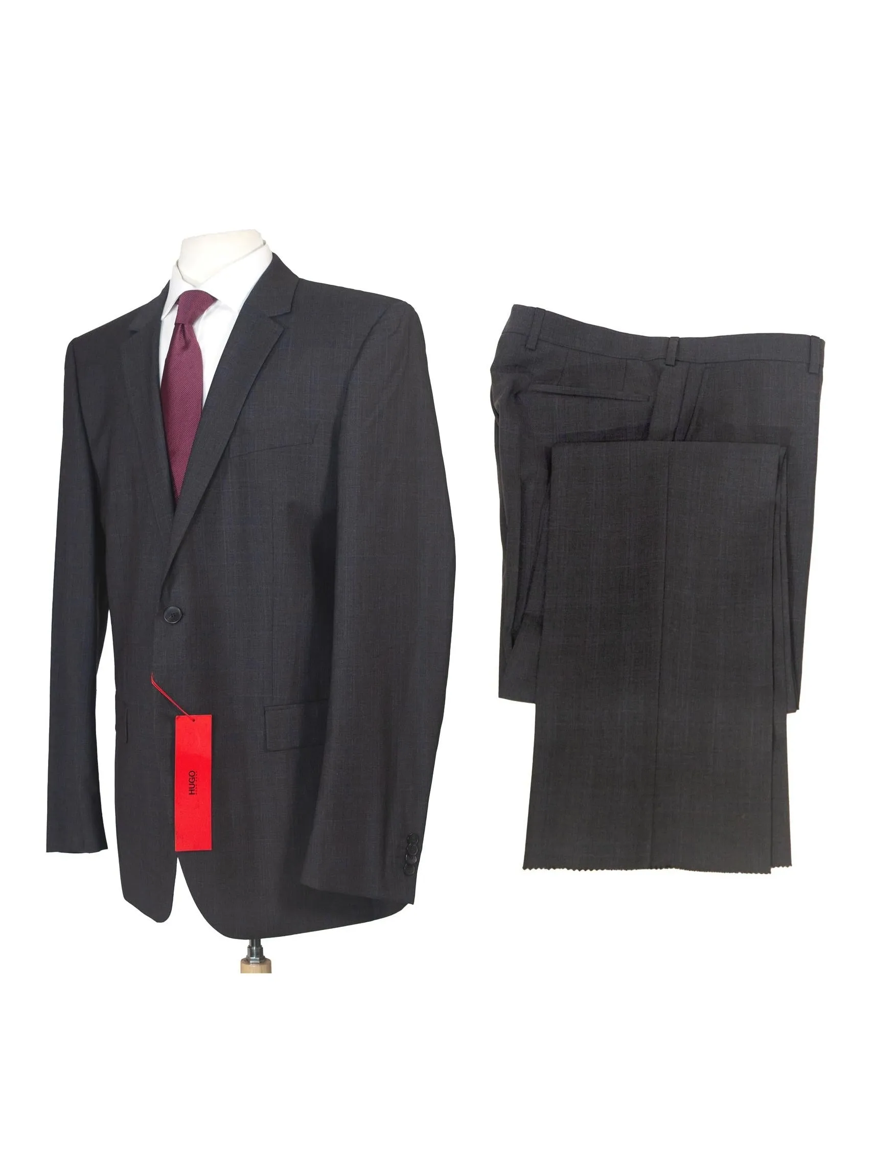 Hugo Boss Mens 42L Charcoal Plaid 100% Wool Slim Fit Two Piece Suit