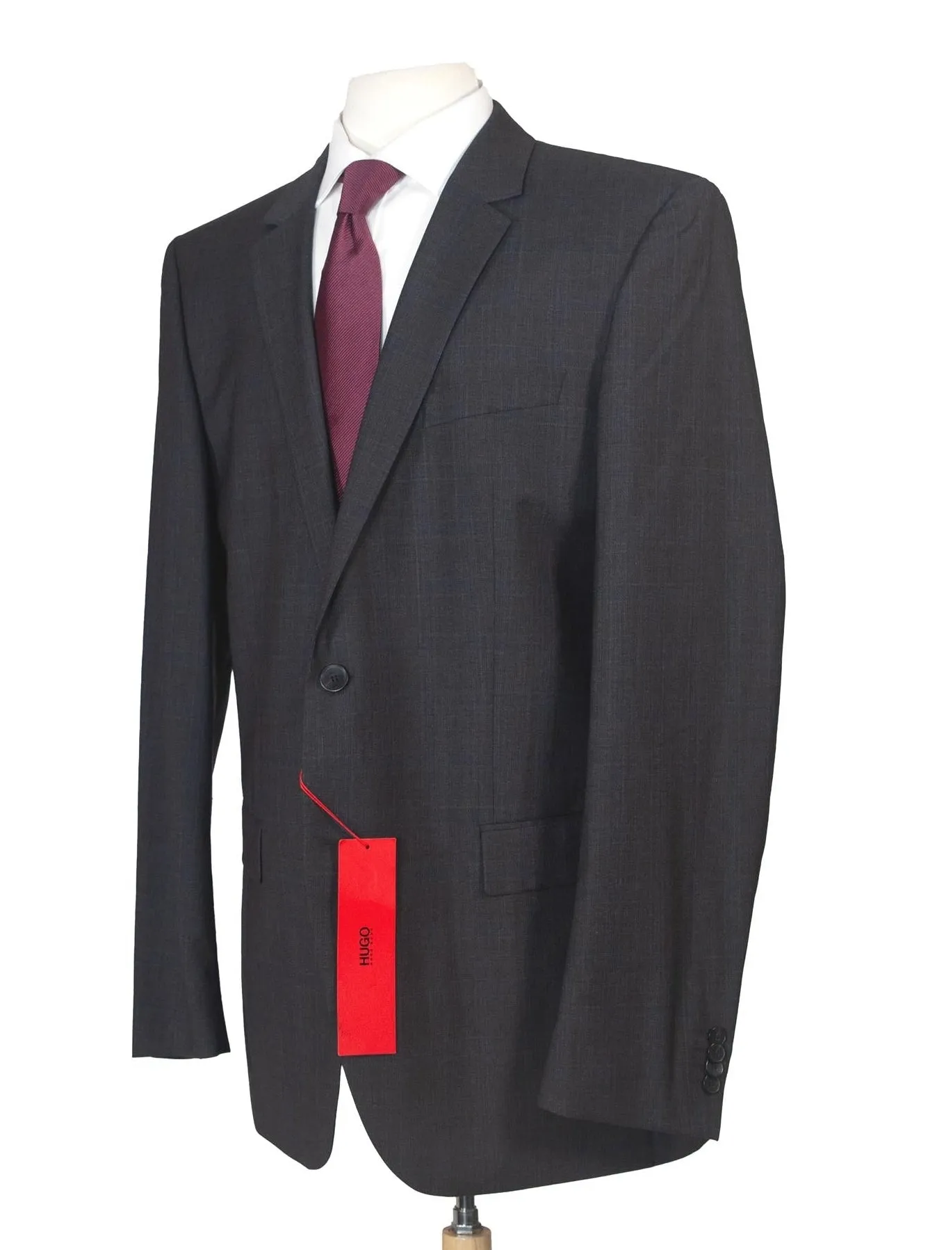 Hugo Boss Mens 42L Charcoal Plaid 100% Wool Slim Fit Two Piece Suit