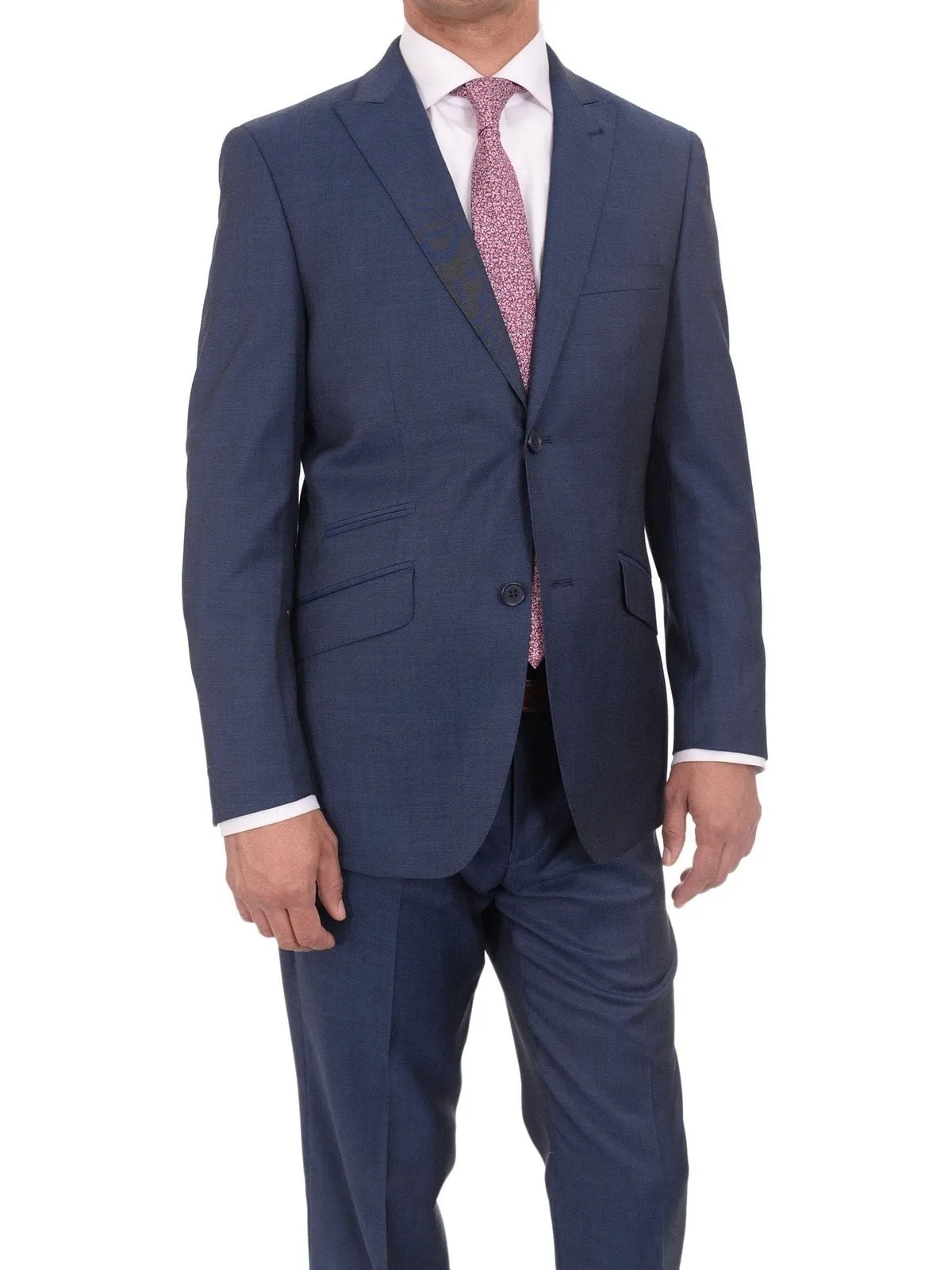 Ideal Slim Fit Solid Blue Two Button Wool Suit With Peak Lapels