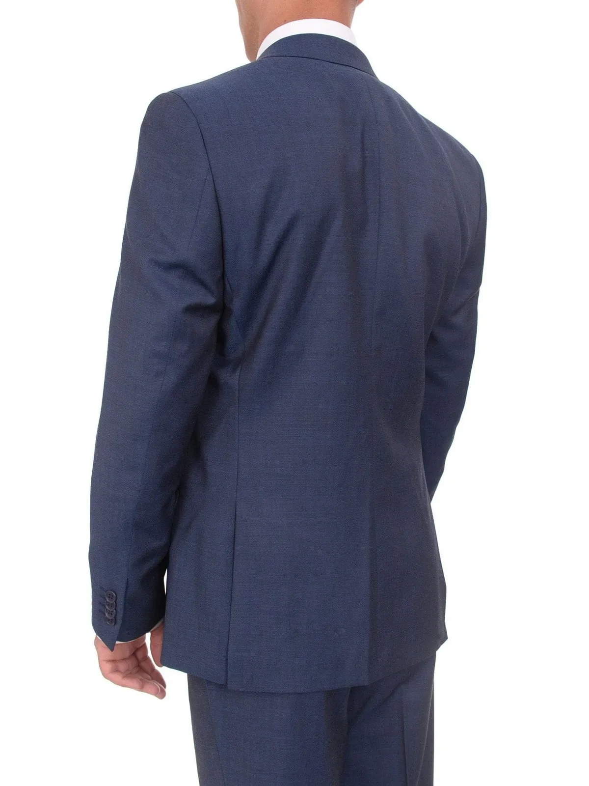 Ideal Slim Fit Solid Blue Two Button Wool Suit With Peak Lapels