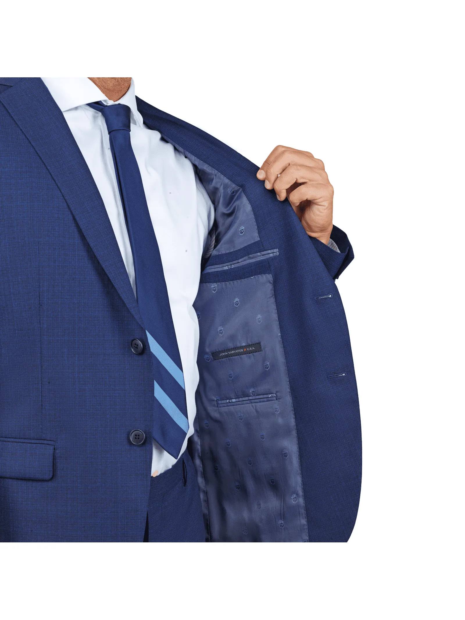 John Varvatos Mens Slim Fit Solid Blue Textured Two Button Wool Stretch Suit