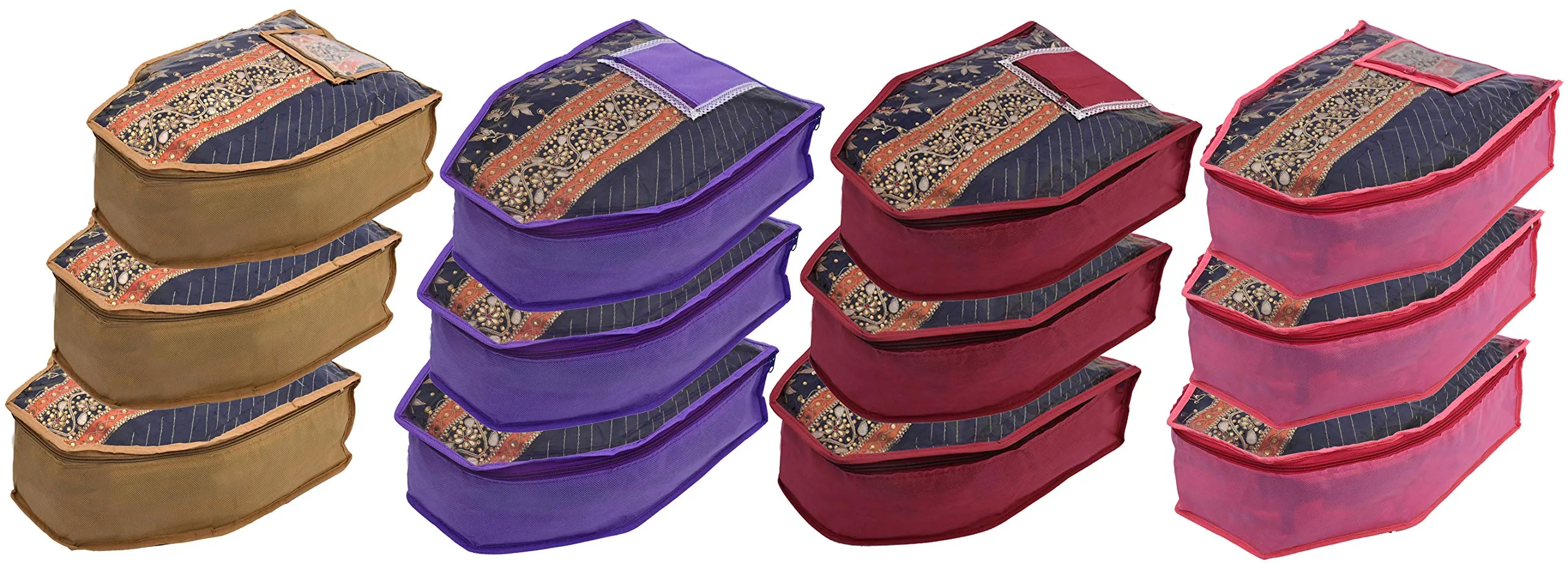 Kuber Industries 12 Piece Non Woven Blouse Cover with Front Transparent Window with Attached Pocket Set (Brown & Purple & Maroon & Pink)