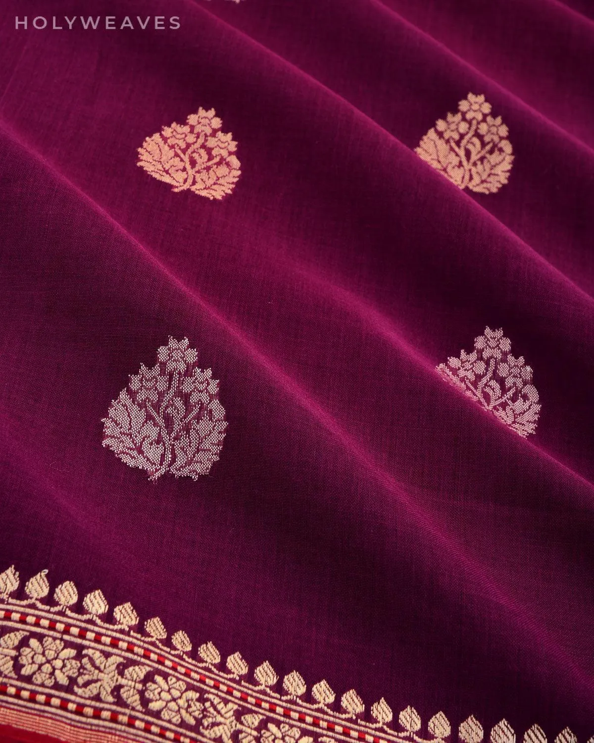 Magenta Banarasi Handwoven Ektara Buti Kadhuan Brocade Handloom Cotton Saree
