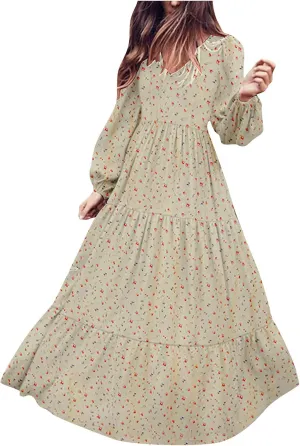 Maxi Dress for Women Casual Loose Fit Long Sleeve V Neck Peplum Dresses Summer Trendy Floral Print A-Line Flowy Dress