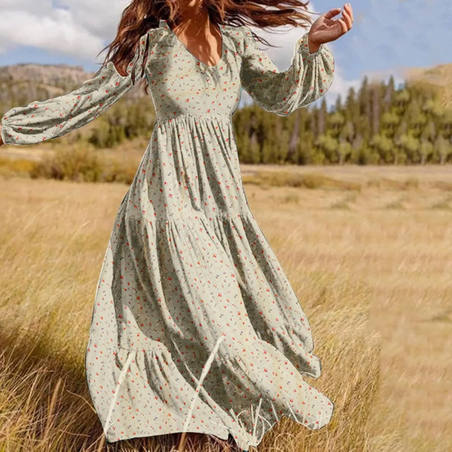 Maxi Dress for Women Casual Loose Fit Long Sleeve V Neck Peplum Dresses Summer Trendy Floral Print A-Line Flowy Dress