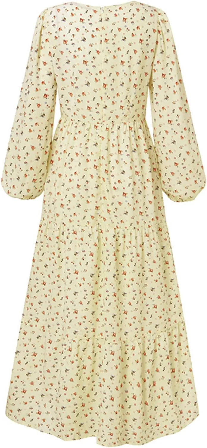Maxi Dress for Women Casual Loose Fit Long Sleeve V Neck Peplum Dresses Summer Trendy Floral Print A-Line Flowy Dress