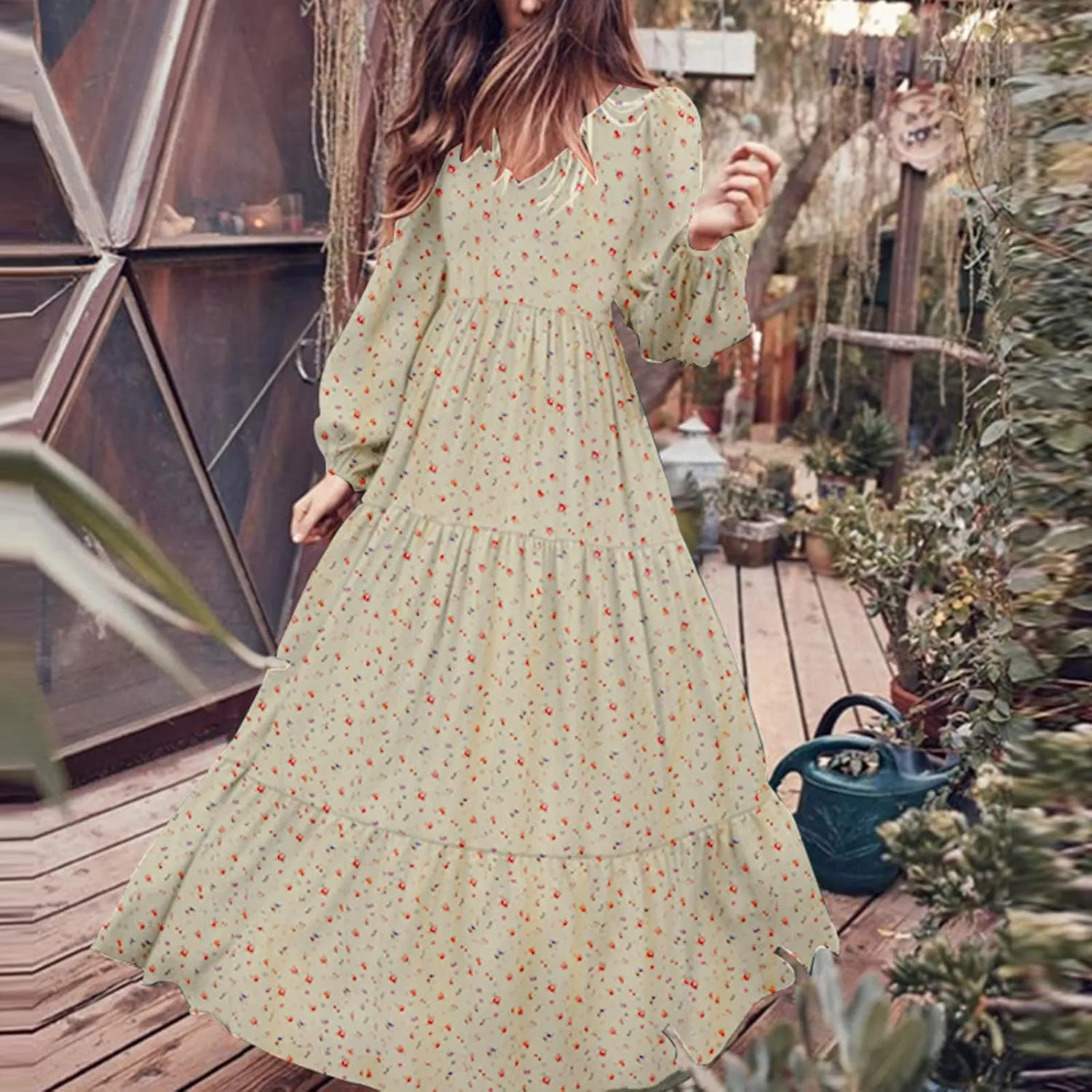 Maxi Dress for Women Casual Loose Fit Long Sleeve V Neck Peplum Dresses Summer Trendy Floral Print A-Line Flowy Dress