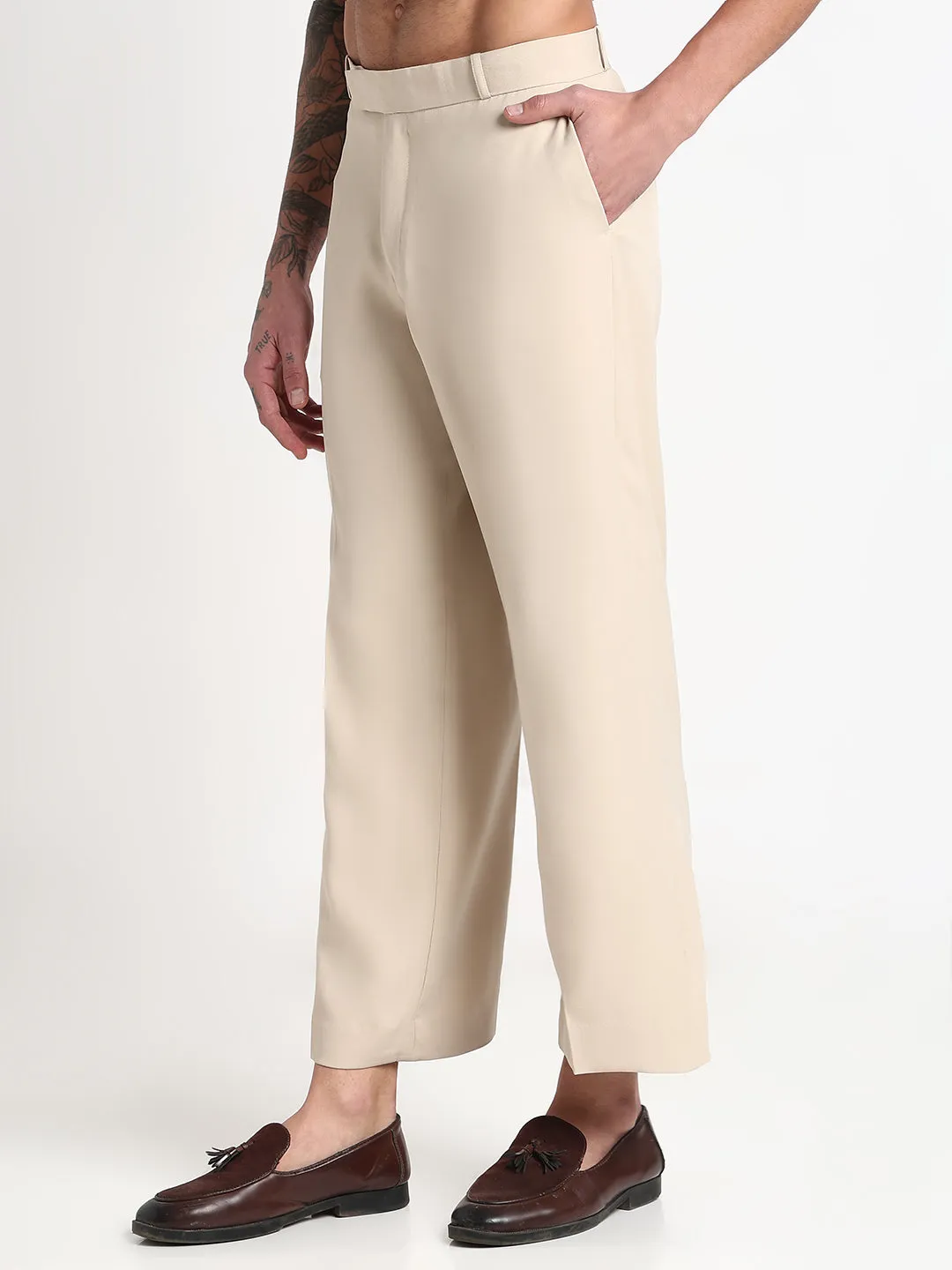 Men Cream Solid Flared Formal Trousers