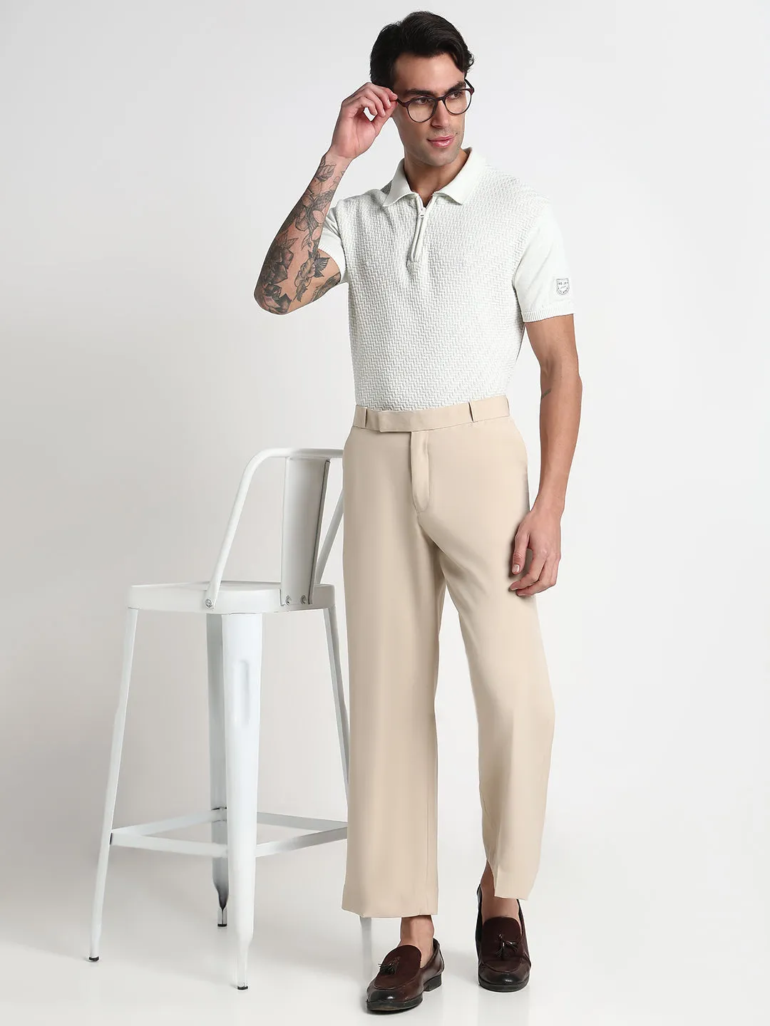Men Cream Solid Flared Formal Trousers