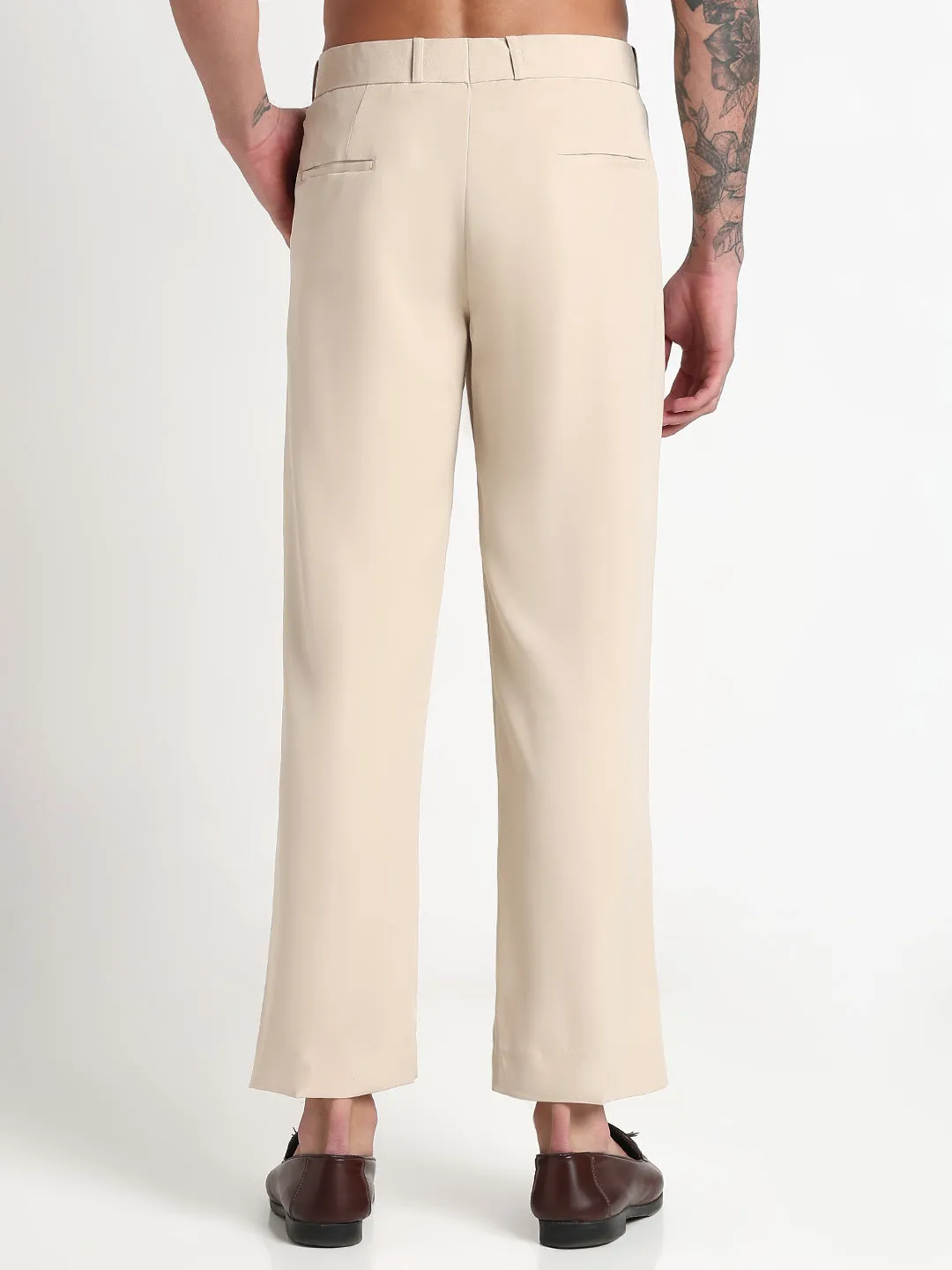 Men Cream Solid Flared Formal Trousers