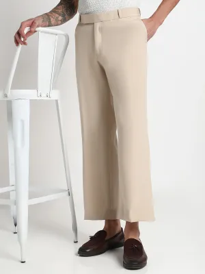 Men Cream Solid Flared Formal Trousers