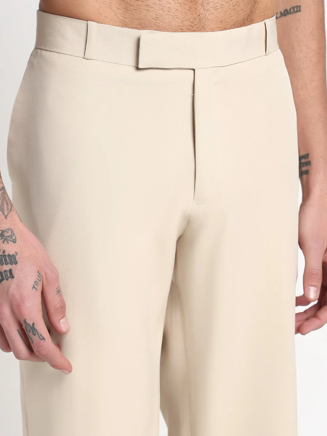 Men Cream Solid Flared Formal Trousers