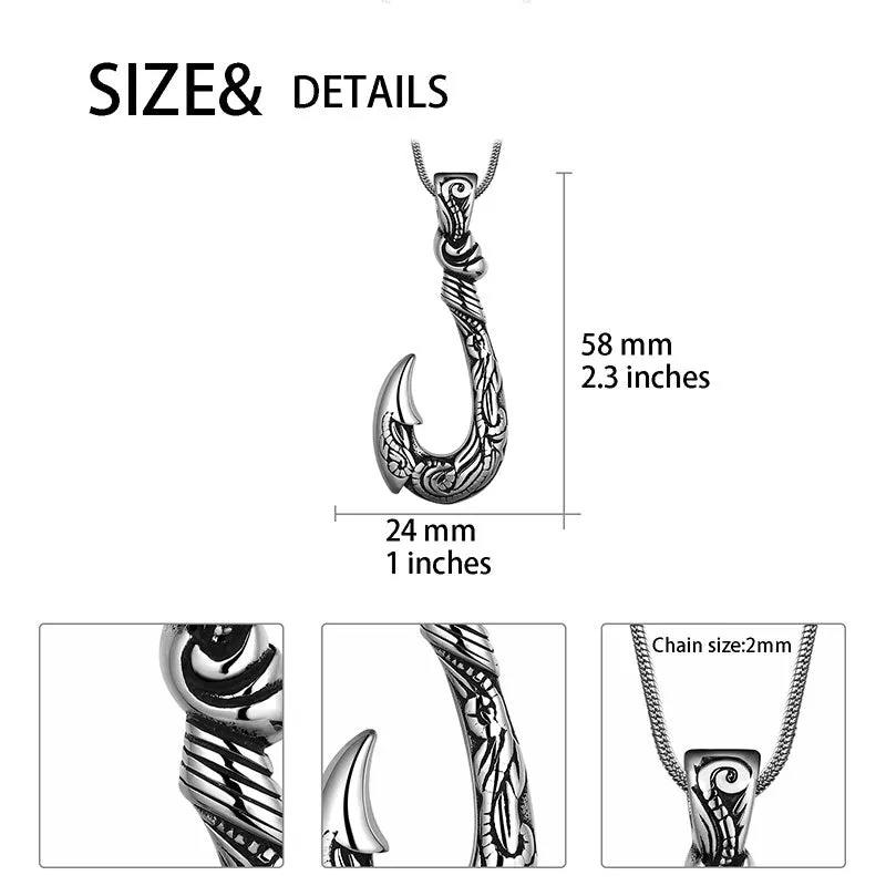 Men Fish Hook Necklace Hawaiian Carved Bone Pendant Jewelry Stainless Steel