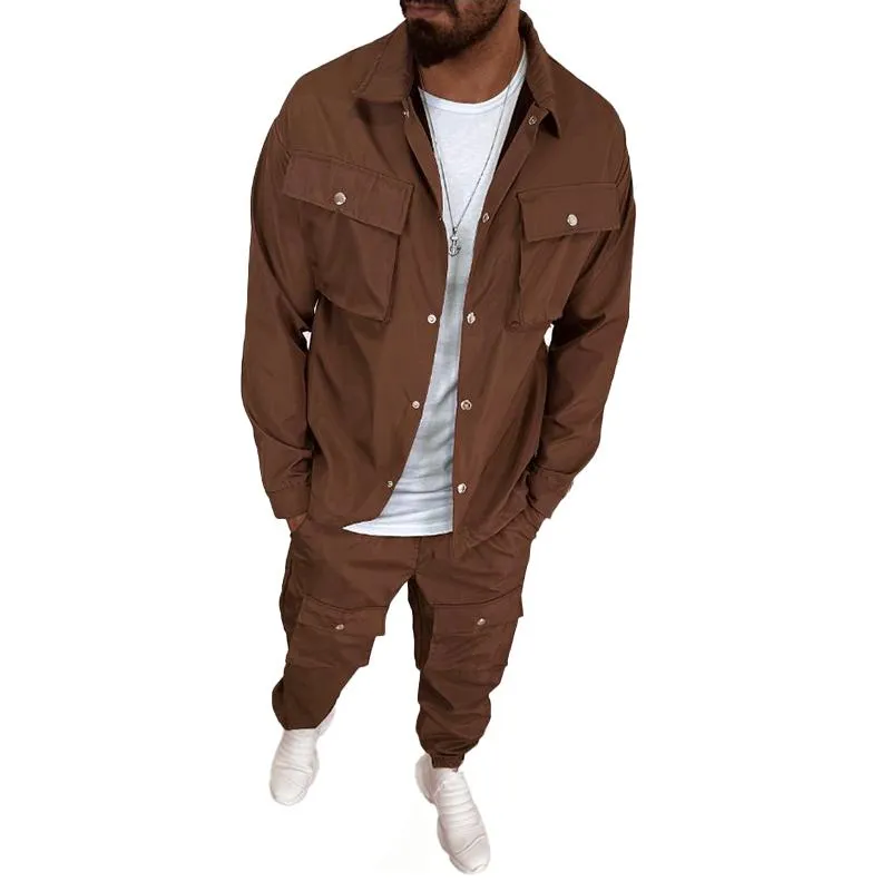 Men's Solid Color  Lapel Single Breasted Jacket Trousers Cargo Set 01388512Z