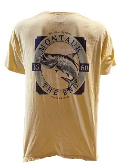 Men's Wild West Montauk The End Striped Bass Short Sleeve Tee Shirt in Yellow