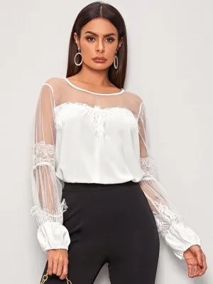 Mesh And Lace Panel Solid Blouse