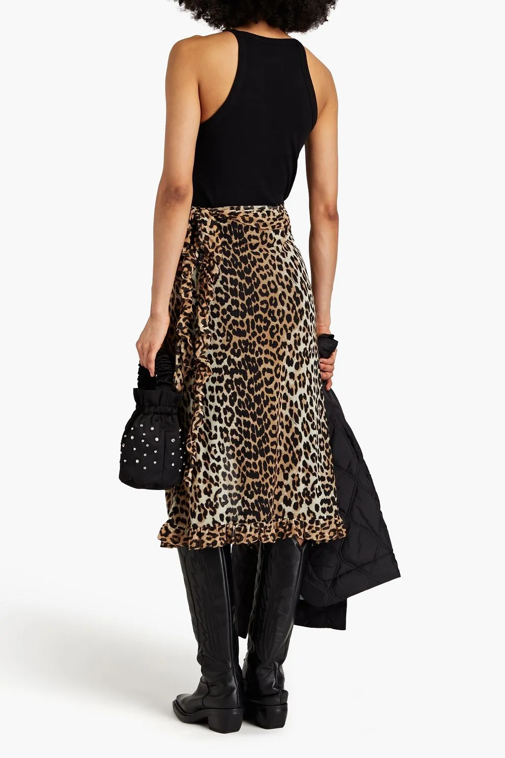 Midi wrap skirt with elastic mesh in leopard print and ruffles GANNI animal print