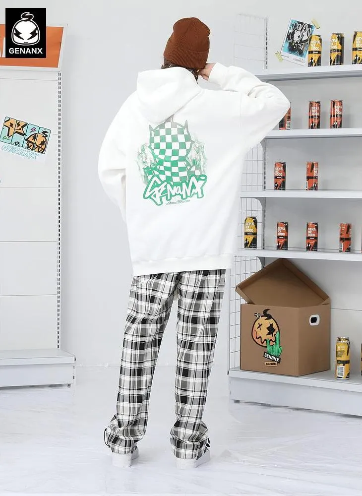 Plain Checkerboard Cartoon Letter Print Hoodies