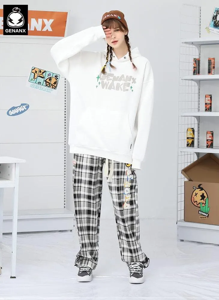 Plain Checkerboard Cartoon Letter Print Hoodies