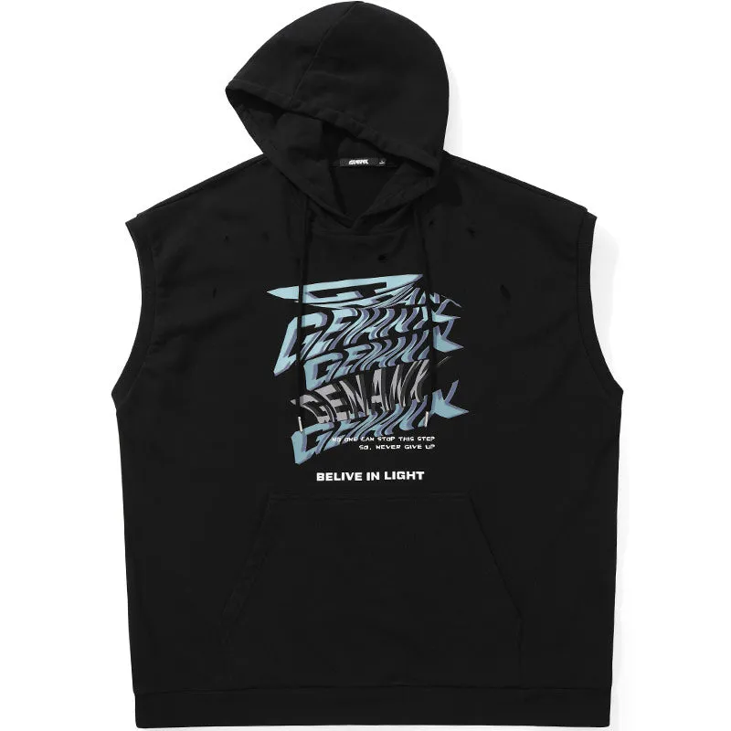 Plain Graffiti Print Kangaroo Pocket Sleeveless Hoodies