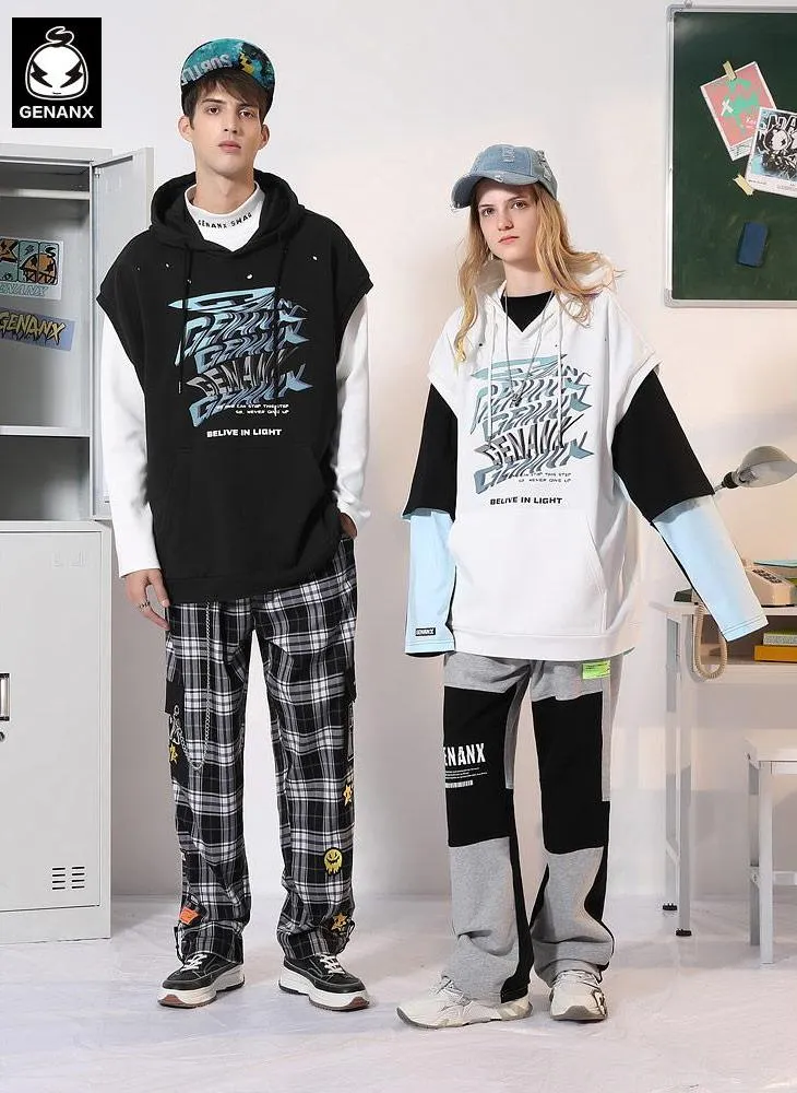 Plain Graffiti Print Kangaroo Pocket Sleeveless Hoodies