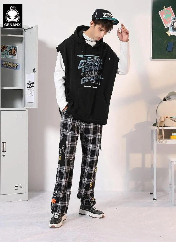 Plain Graffiti Print Kangaroo Pocket Sleeveless Hoodies