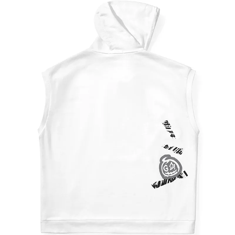 Plain Graffiti Print Kangaroo Pocket Sleeveless Hoodies
