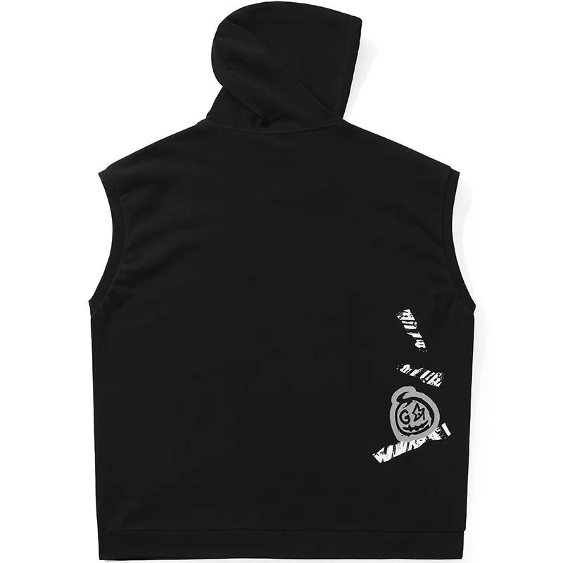 Plain Graffiti Print Kangaroo Pocket Sleeveless Hoodies
