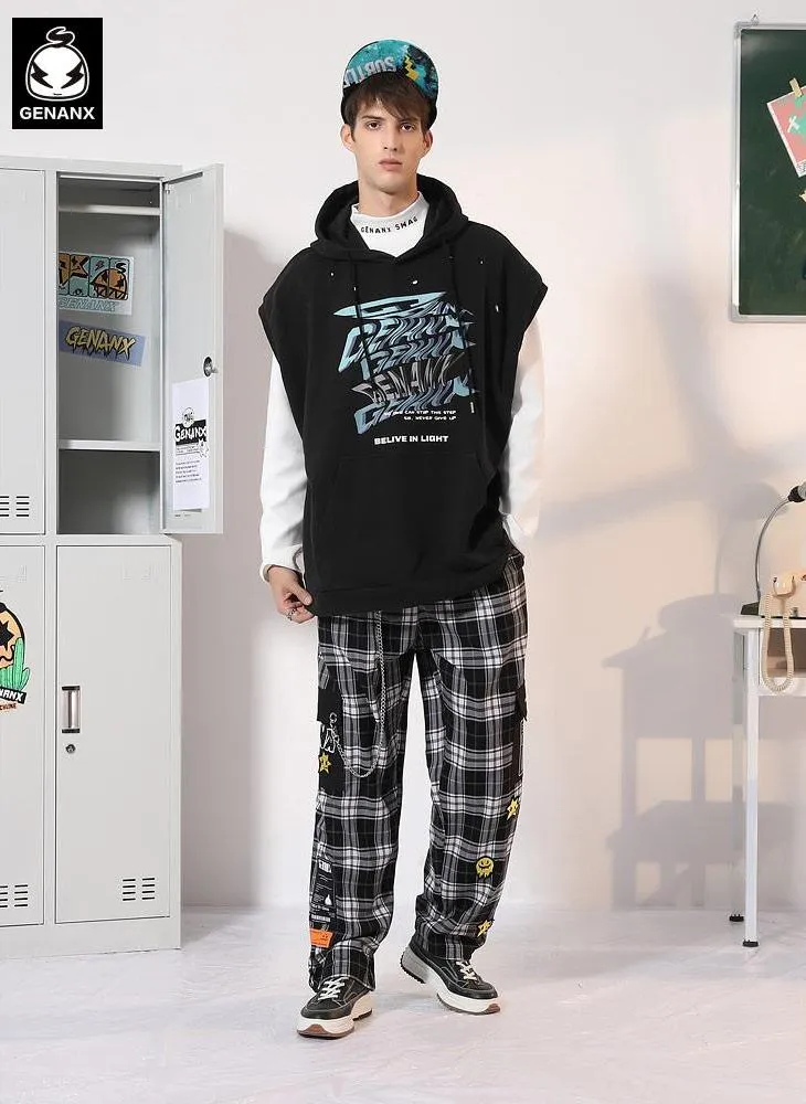 Plain Graffiti Print Kangaroo Pocket Sleeveless Hoodies
