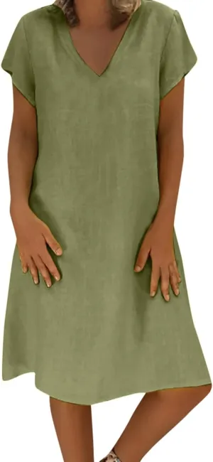 Plus Size Summer Dress Women Short Sleeve V Neck Dresses Casual Loose Sundress Beach Vacation Dress Trendy Midi Dress