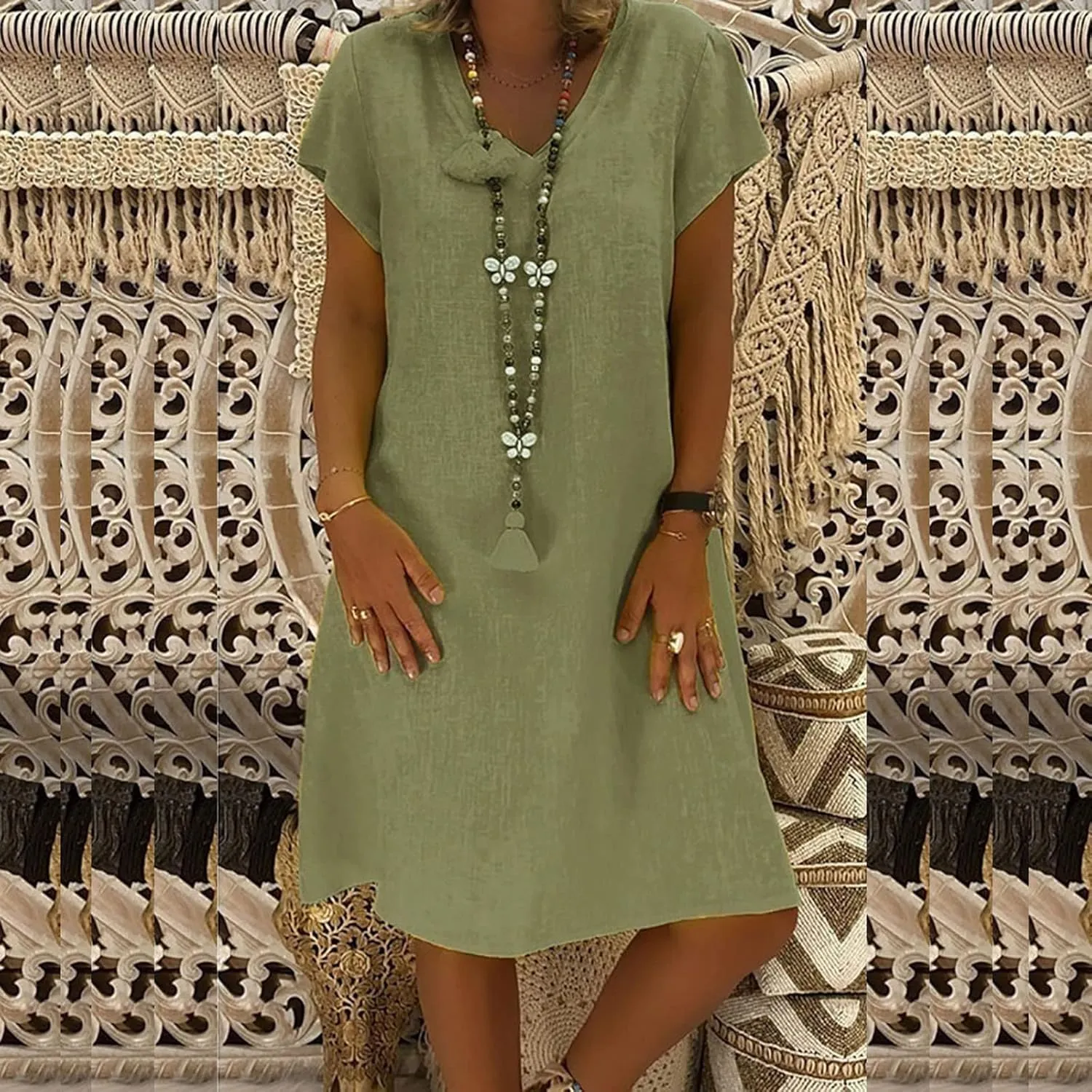 Plus Size Summer Dress Women Short Sleeve V Neck Dresses Casual Loose Sundress Beach Vacation Dress Trendy Midi Dress