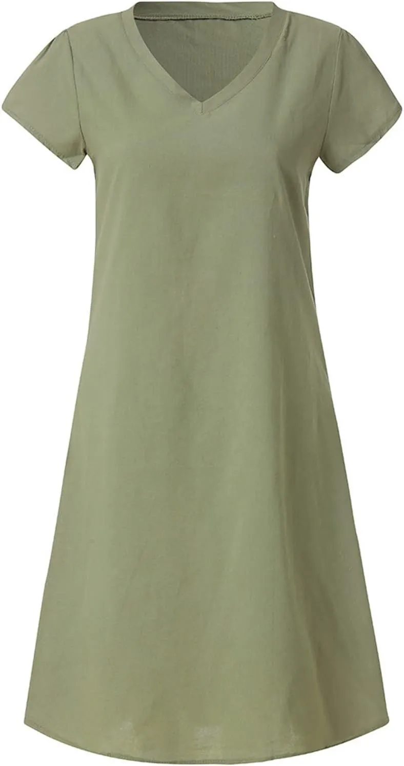 Plus Size Summer Dress Women Short Sleeve V Neck Dresses Casual Loose Sundress Beach Vacation Dress Trendy Midi Dress
