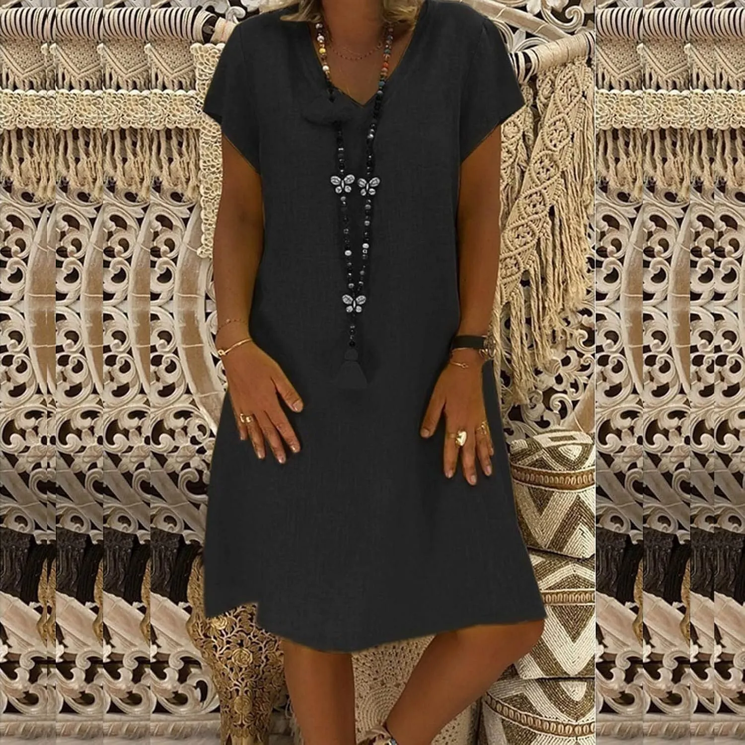 Plus Size Summer Dress Women Short Sleeve V Neck Dresses Casual Loose Sundress Beach Vacation Dress Trendy Midi Dress