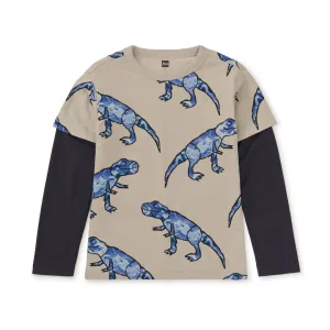 Printed Layered Sleeve Tee -T-Rex in Marble by Tea Collection - FINAL SALE