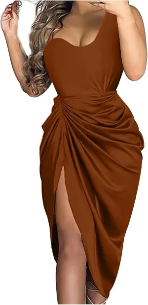 Prom Dresses for Women 2024 Sleeveless One Shoulder High Split Ruched Bodycon Cocktail Sequin Evening Party Midi Dress