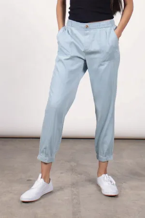 PULL ON CHAMBRAY JOGGERS - LIGHT BLUE