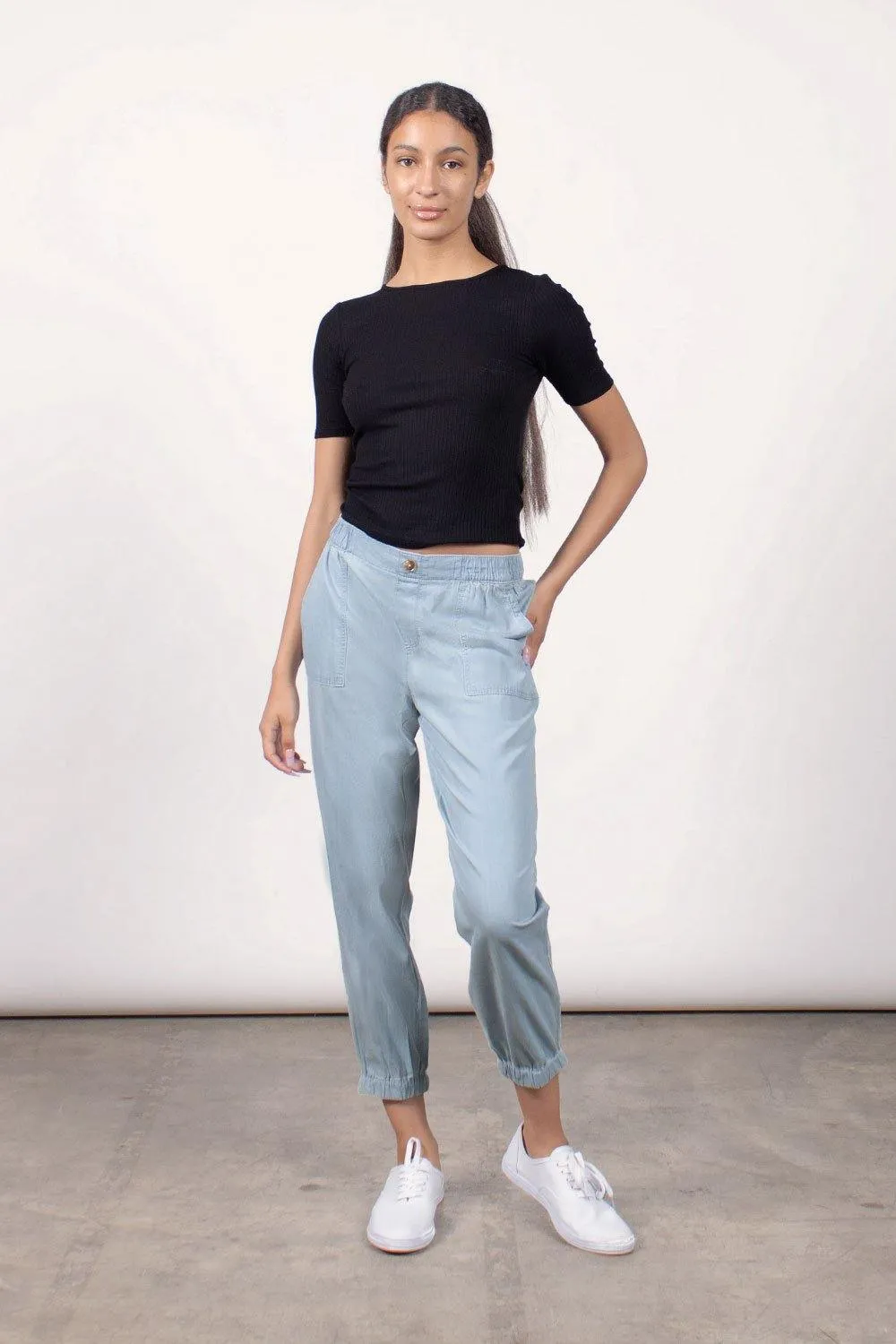 PULL ON CHAMBRAY JOGGERS - LIGHT BLUE