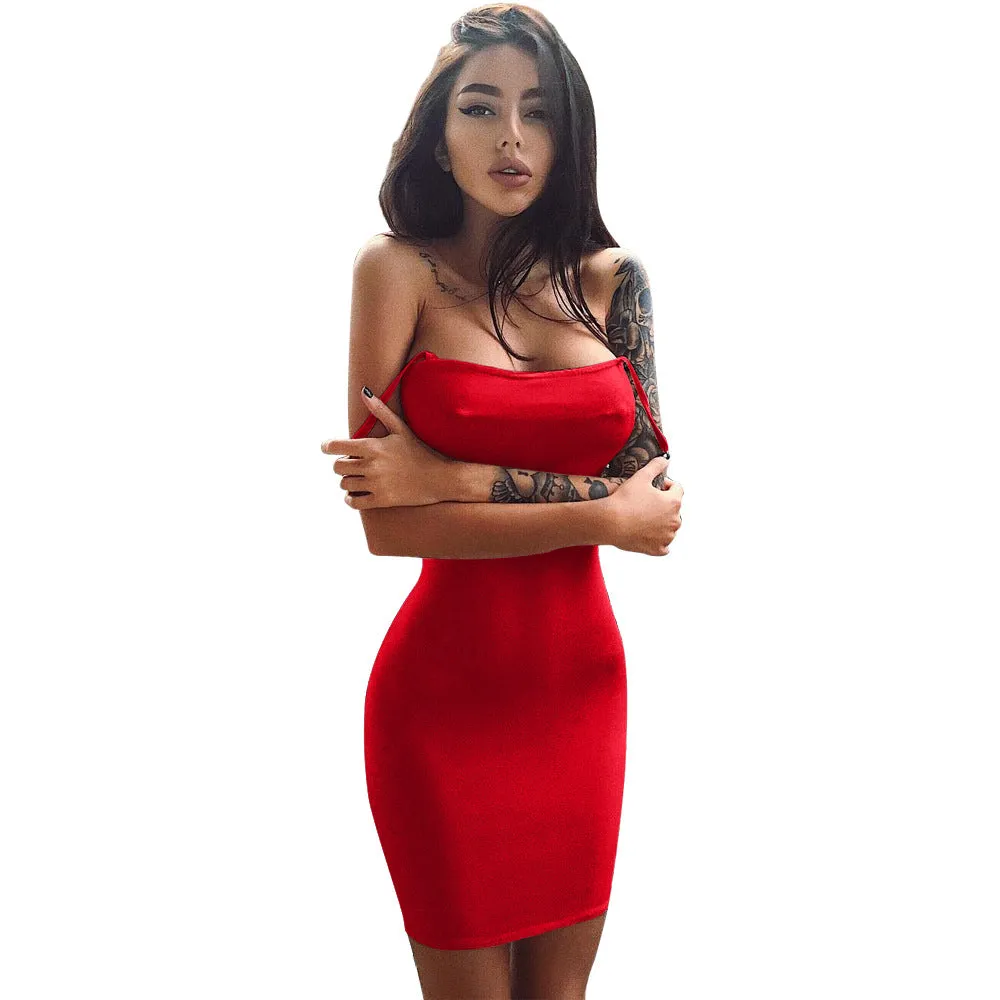 Pure Color Slim Sleeveless Spaghetti Straps Short Dress