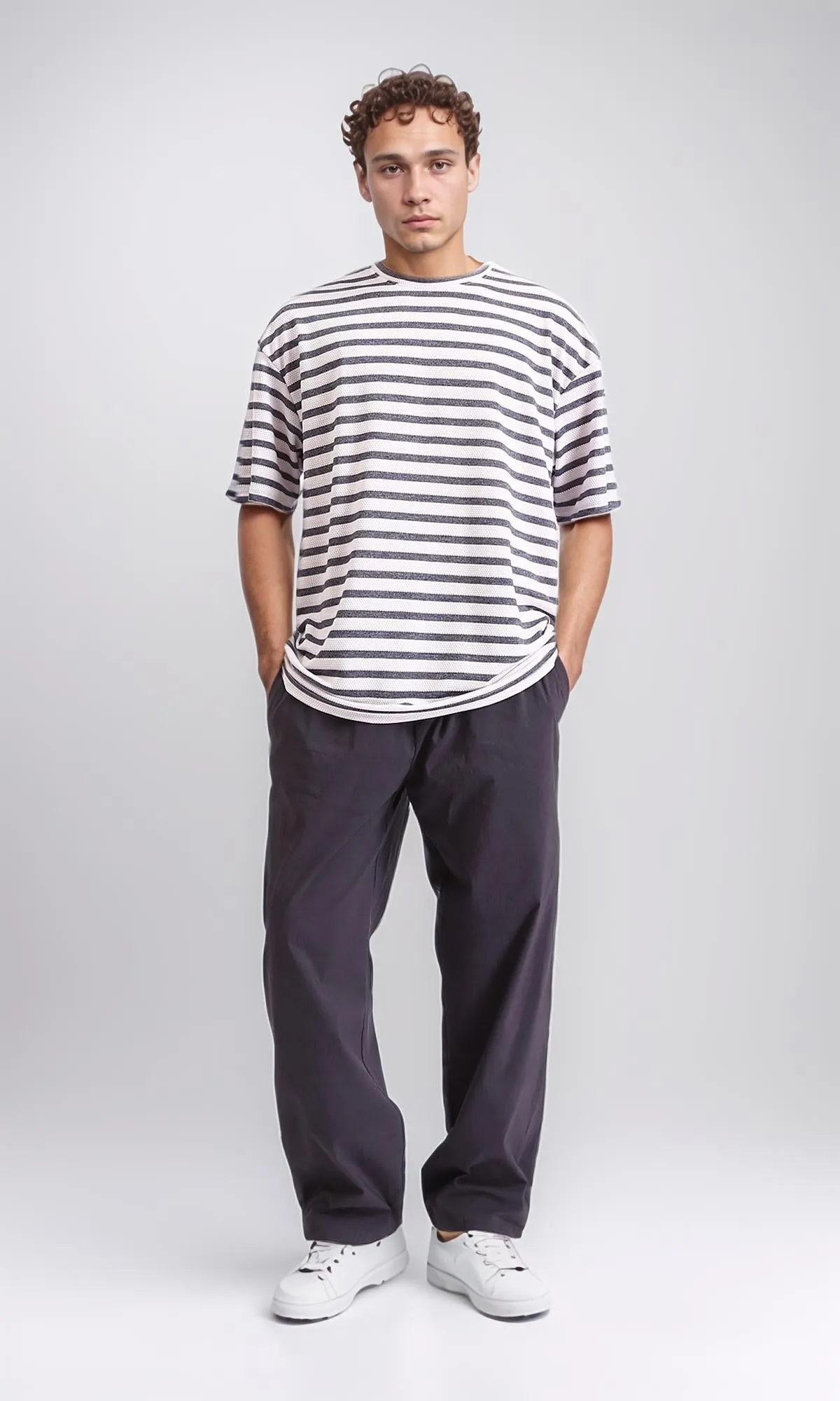 R208451 - Round Neck Striped Relaxed Tee - Dark Grey & White